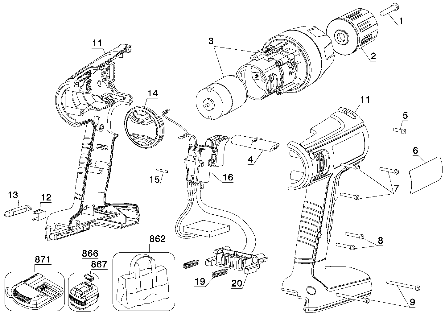 Default Diagram and Parts List for BD18PS Type 1 Black and Decker Boring Machine